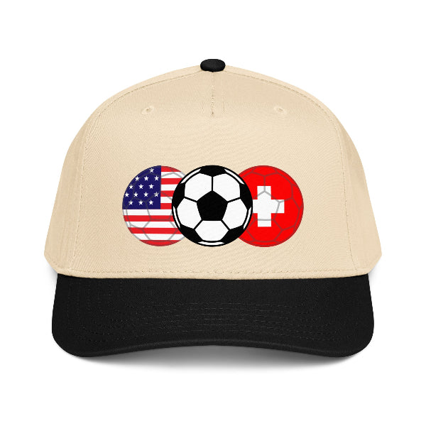 Soccer snapback hat with soccer balls and flags of USA and Switzerland