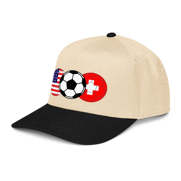 Soccer snapback hat with soccer ball and flags of USA and Switzerland