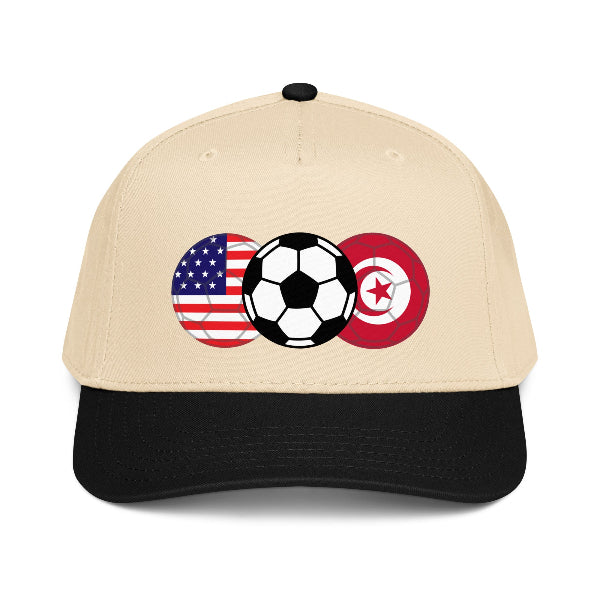 Snapback hat with image of a soccer ball and the flags of USA and Tunisia