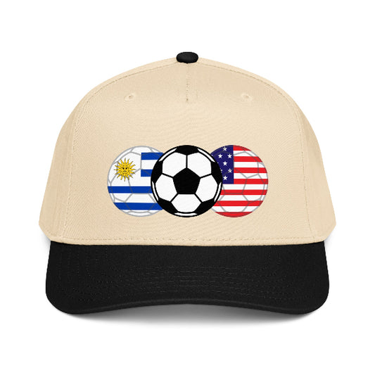 Snapback hat with image of a soccer ball and the flags of USA and Uruguay.
