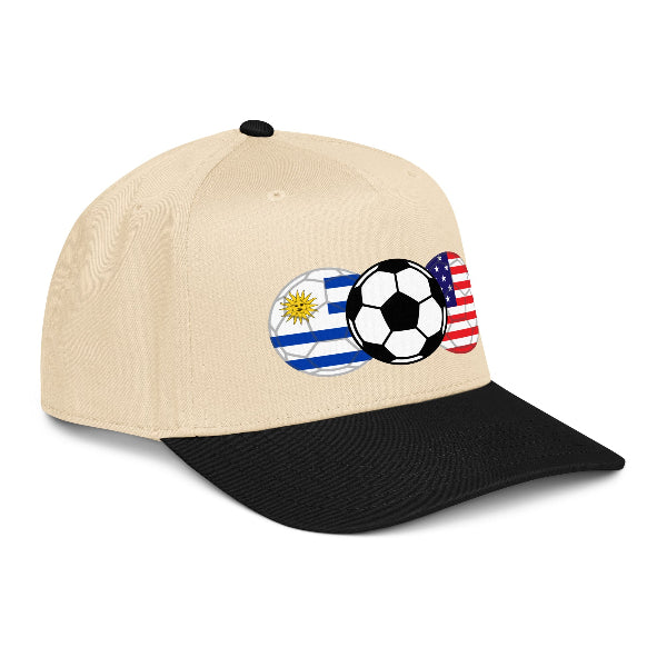 Soccer Snapback hat with image of soccer ball and flags of USA and Uruguay