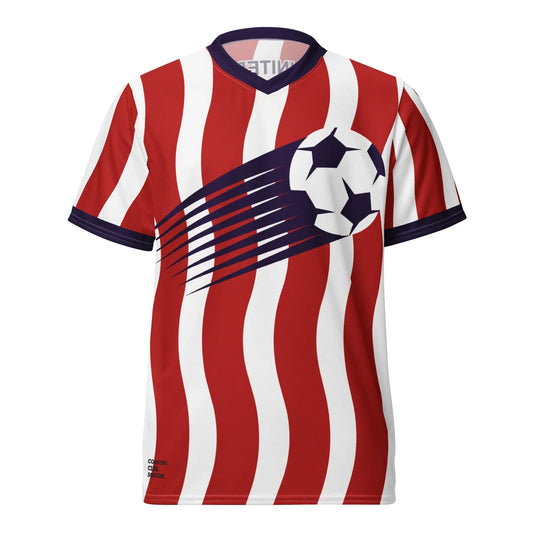 Red and white striped soccer jersey with a star and stripe design on a white background