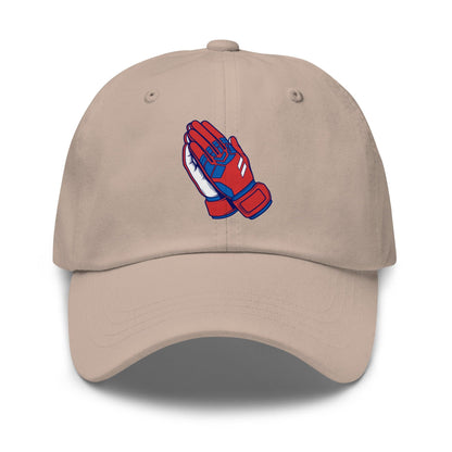 Beige cap with red and blue praying hands design on a white background
