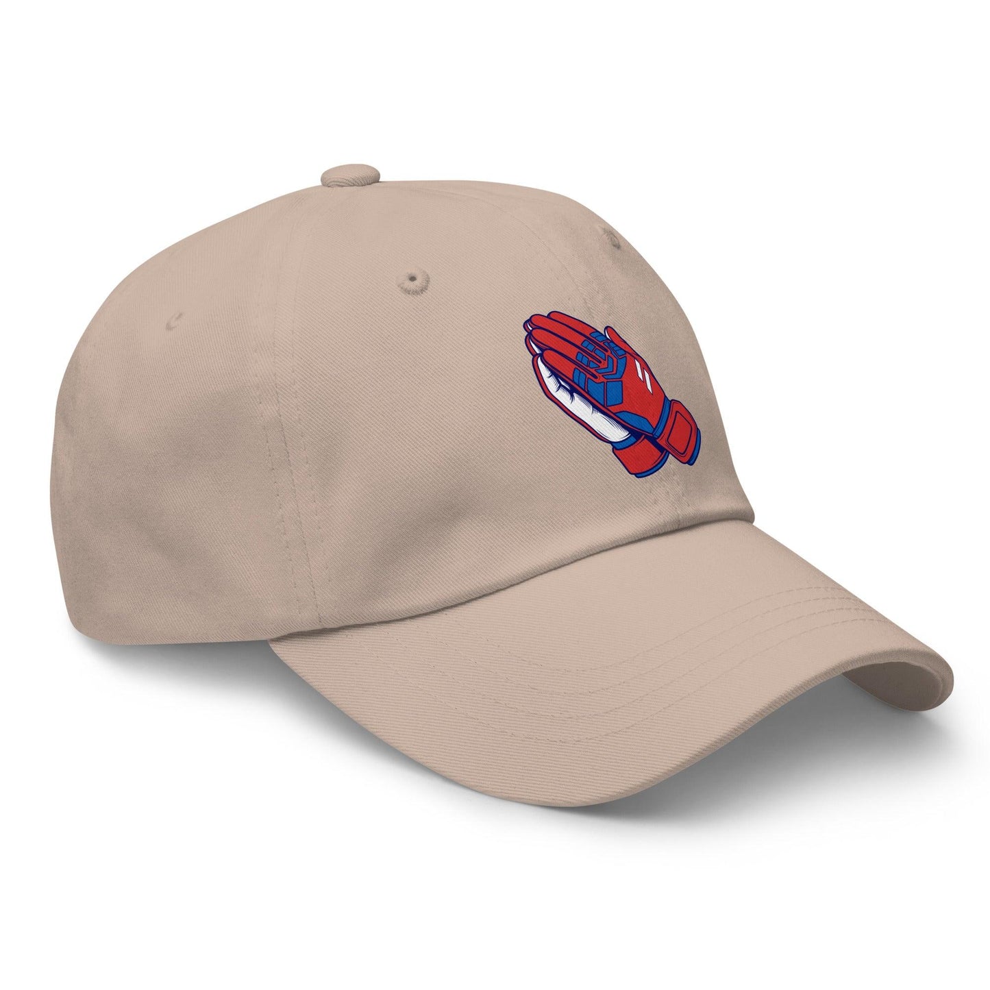 Beige cap with a colorful soccer goalie prayer hands logo on a white background