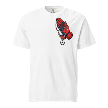 White t-shirt with red and blue soccer glove graphic on a white background