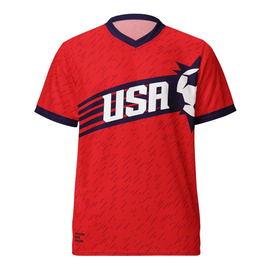 Red sports jersey with 'USA' text on a white background