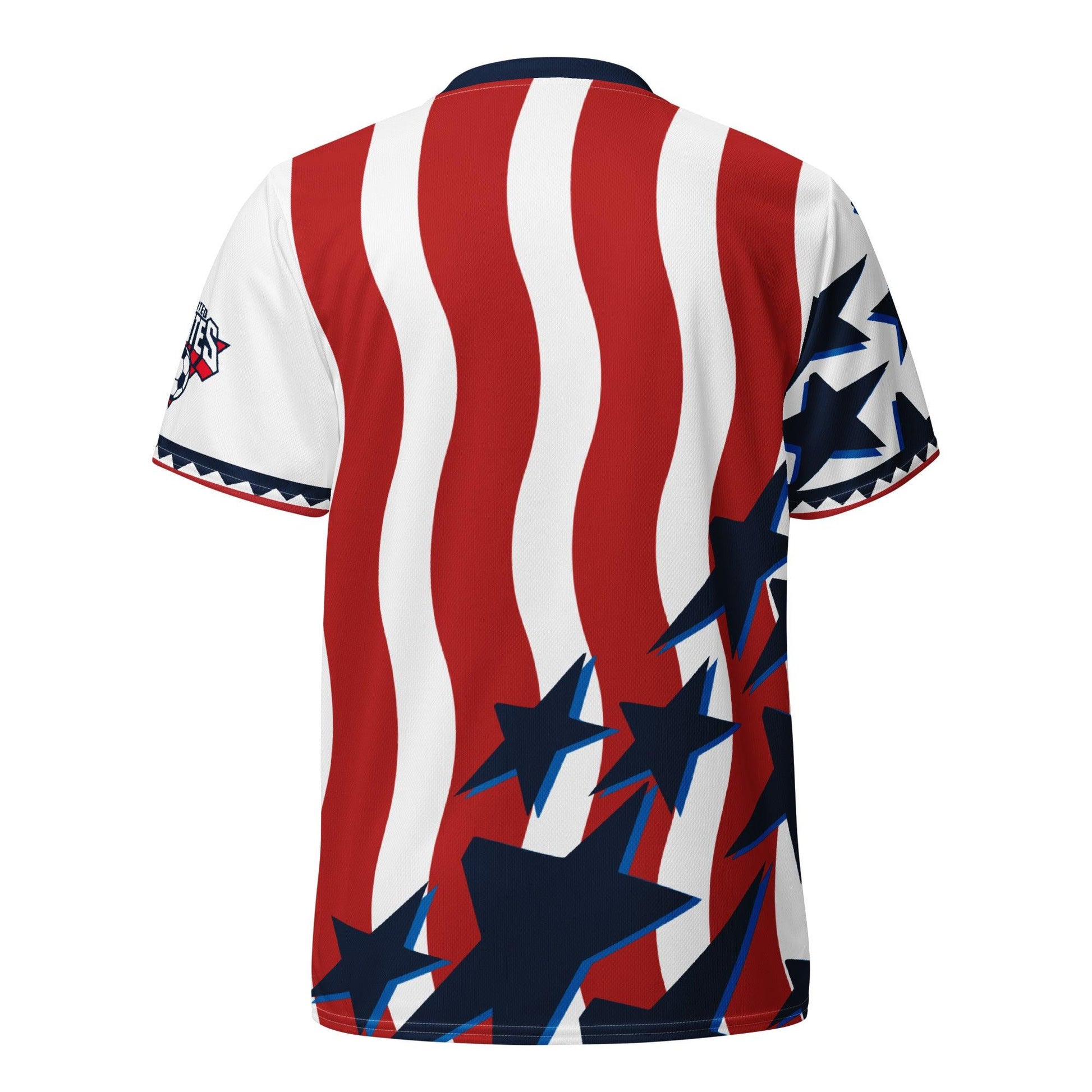 A short-sleeve athletic jersey shown from the back, featuring a patriotic American flag-inspired design with vertical red and white wavy stripes, navy blue stars, and a navy collar.