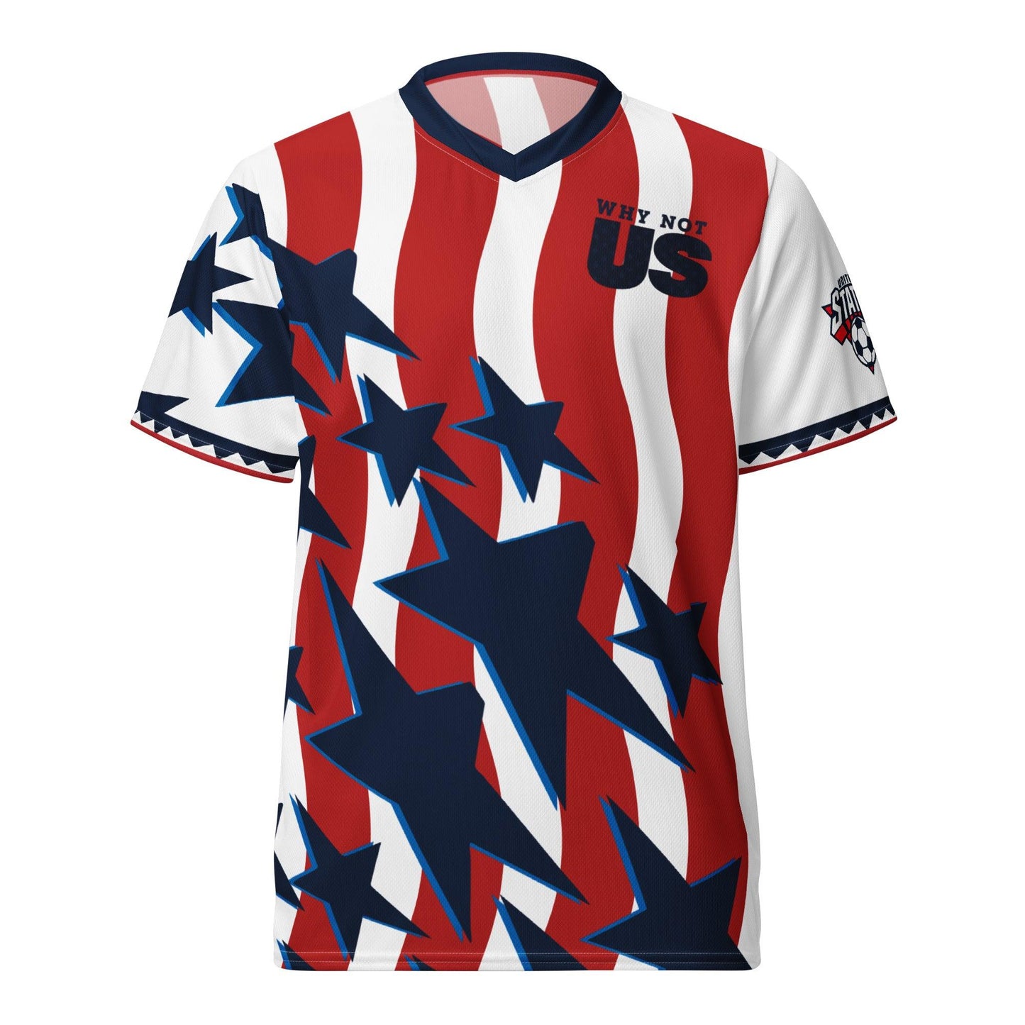 A short-sleeve V-neck jersey with a red, white, and navy blue patriotic design featuring vertical stripes, large navy stars, and the text 'WHY NOT US' on the chest.