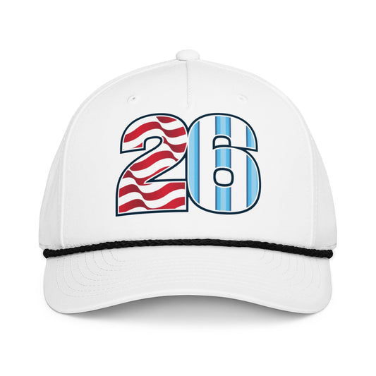 White USA and Argentina hat with number 26 in red, white, and blue design on a white background