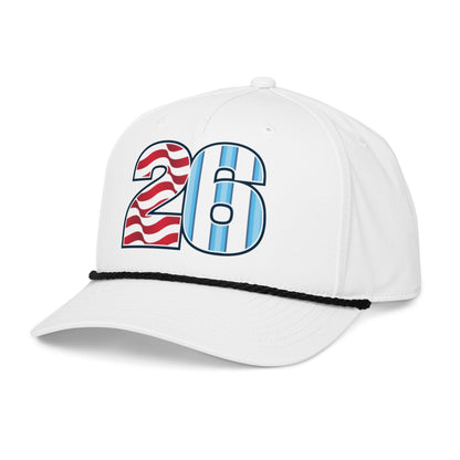 White USA Argentina soccer hat with number 26 design featuring American flag and stripes on a white background