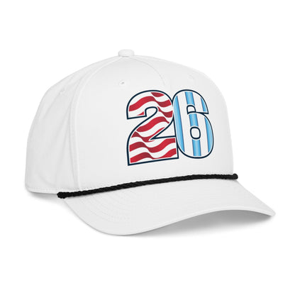 White USA Argentina soccer snapback hat with number 26 in red and blue on a white background