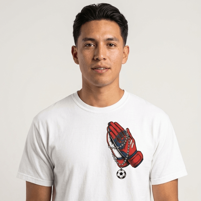 Person wearing a white t-shirt with a graphic design on a plain background