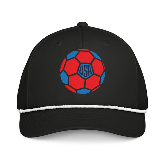 Black cap with a red and blue soccer ball design on a white background