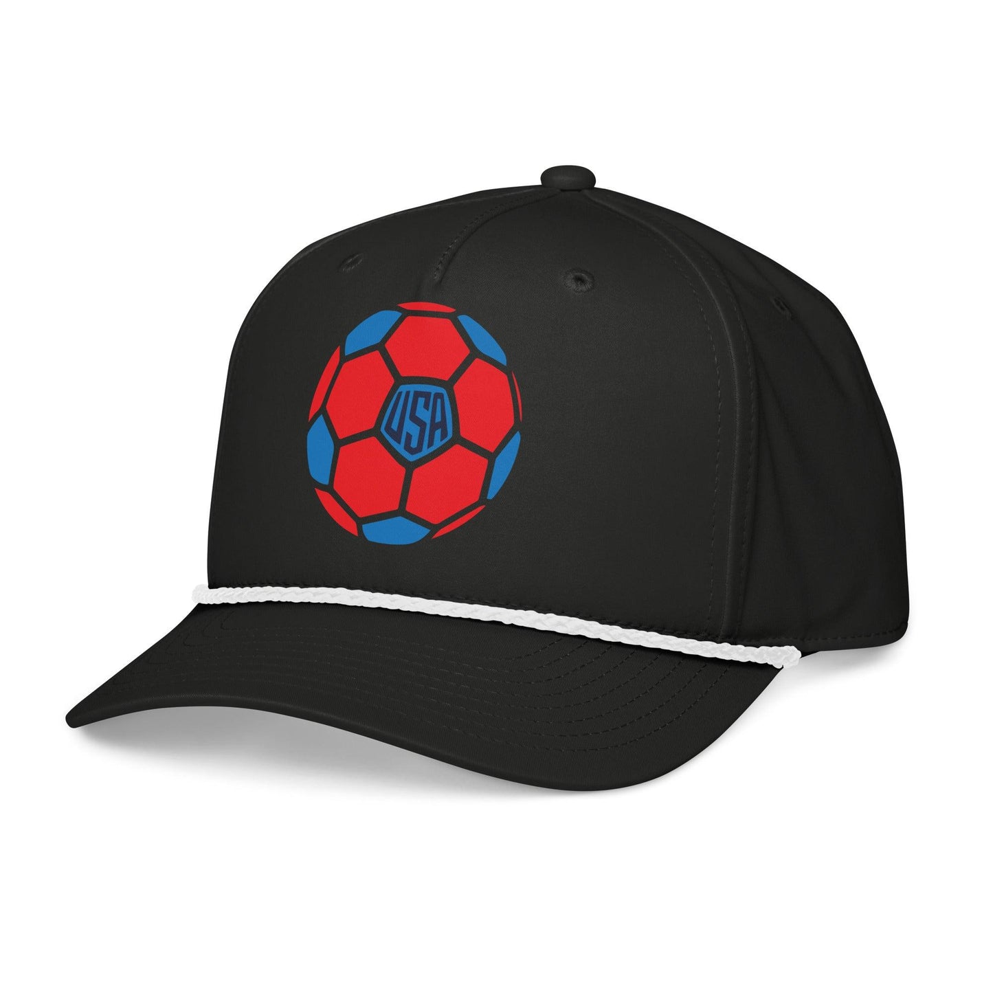 Black cap with a red and blue USA soccer ball logo on a white background