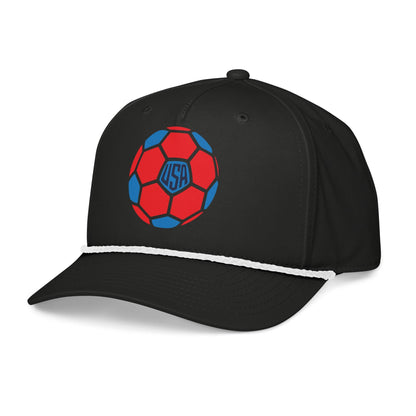 Black cap with a red and blue USA soccer ball logo on a white background