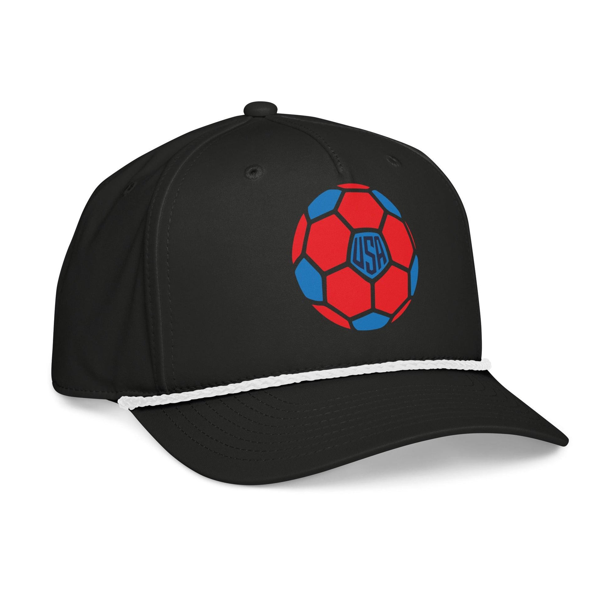 Black cap with a red and blue soccer ball design on a white background
