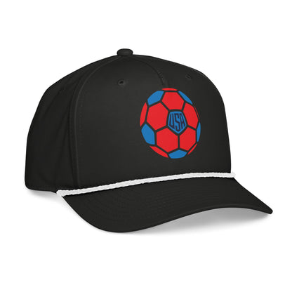 Black cap with a red and blue soccer ball design on a white background