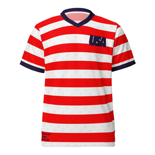 Red and white striped soccer jersey with 'USA' logo on a white background