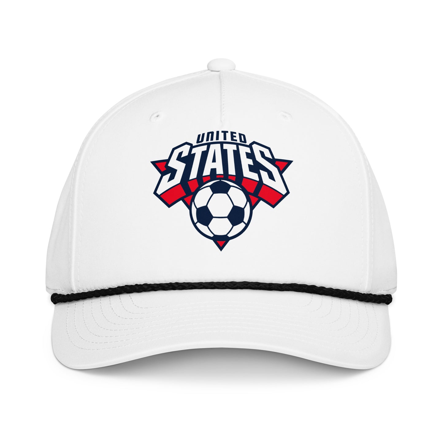 White cap with 'United States' and soccer ball design on a white background