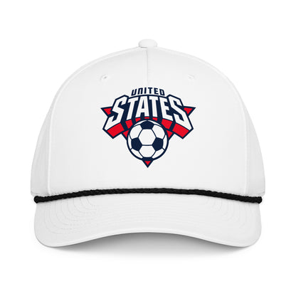 White cap with 'United States' and soccer ball design on a white background