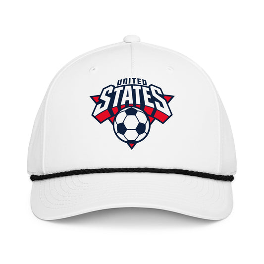 White cap with 'United States' and soccer ball design on a white background