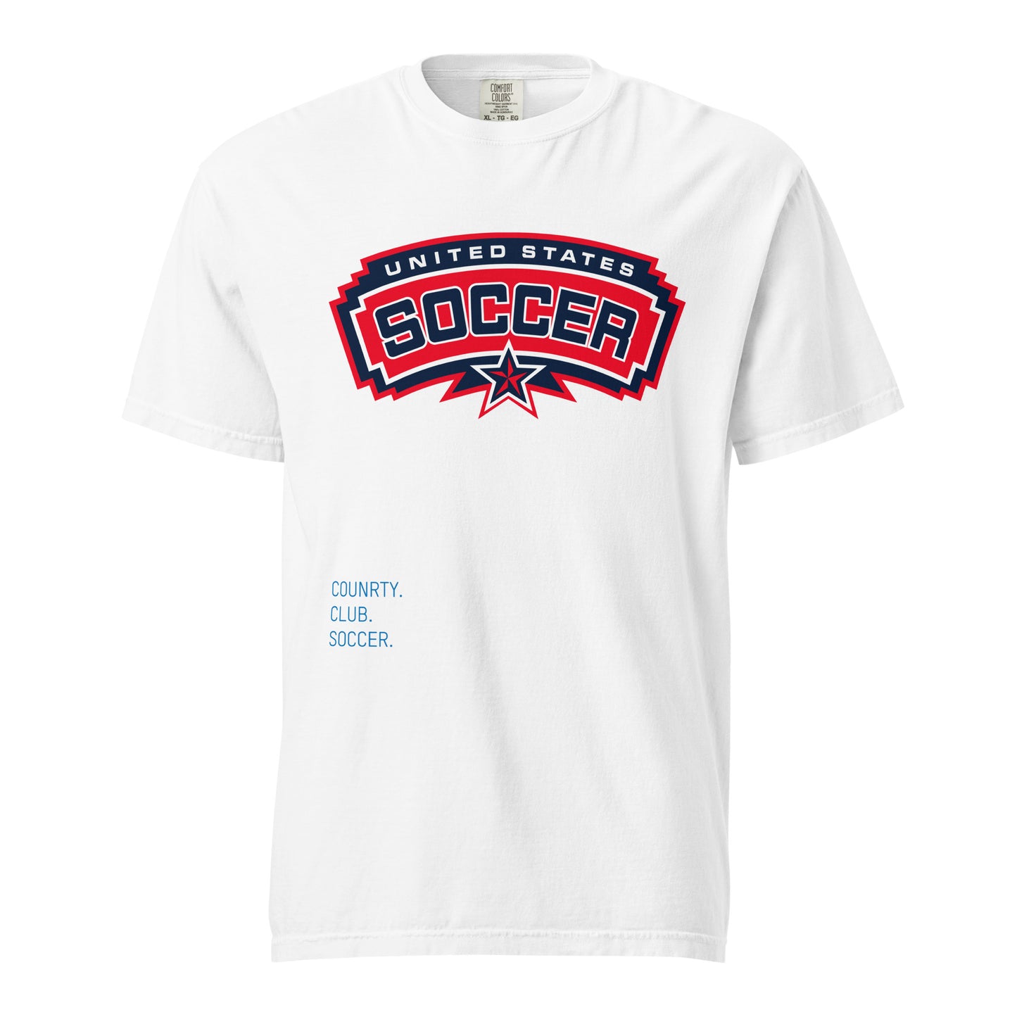 White t-shirt with 'United States Soccer' logo on a white background