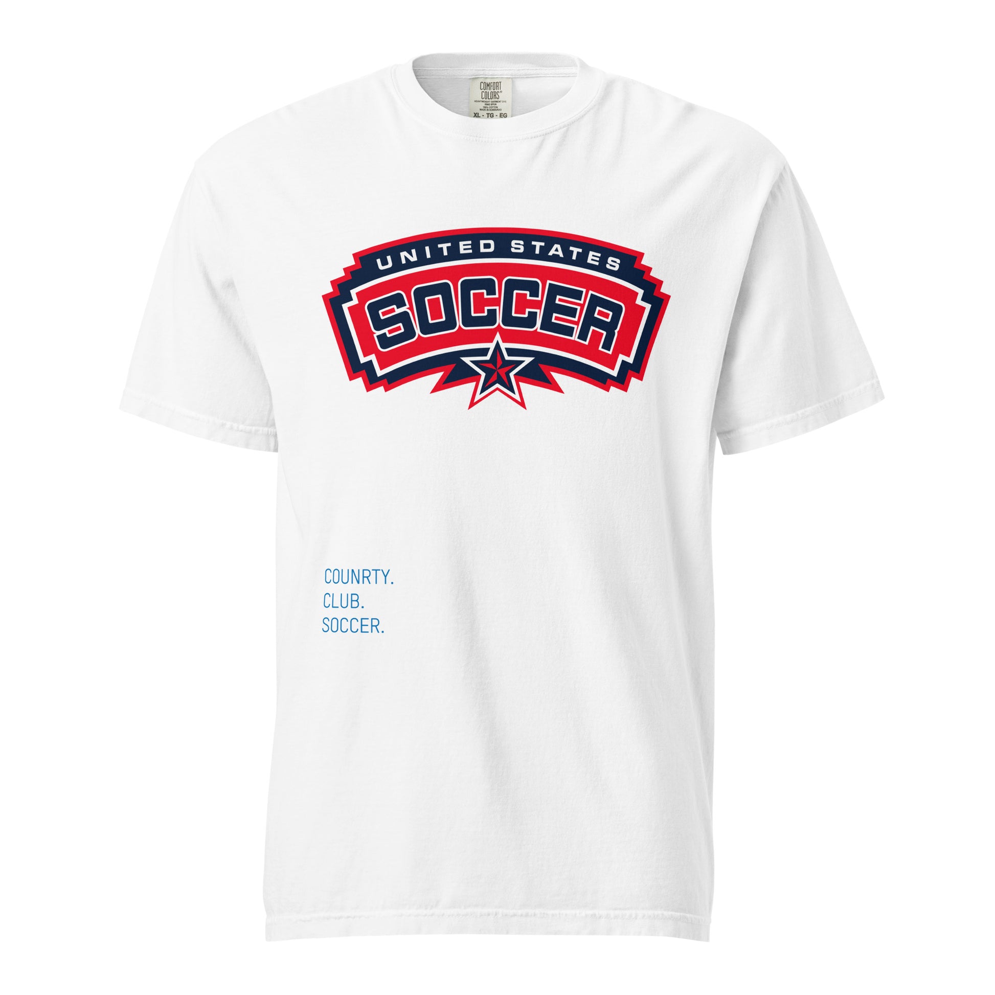 White t-shirt with 'United States Soccer' logo on a white background