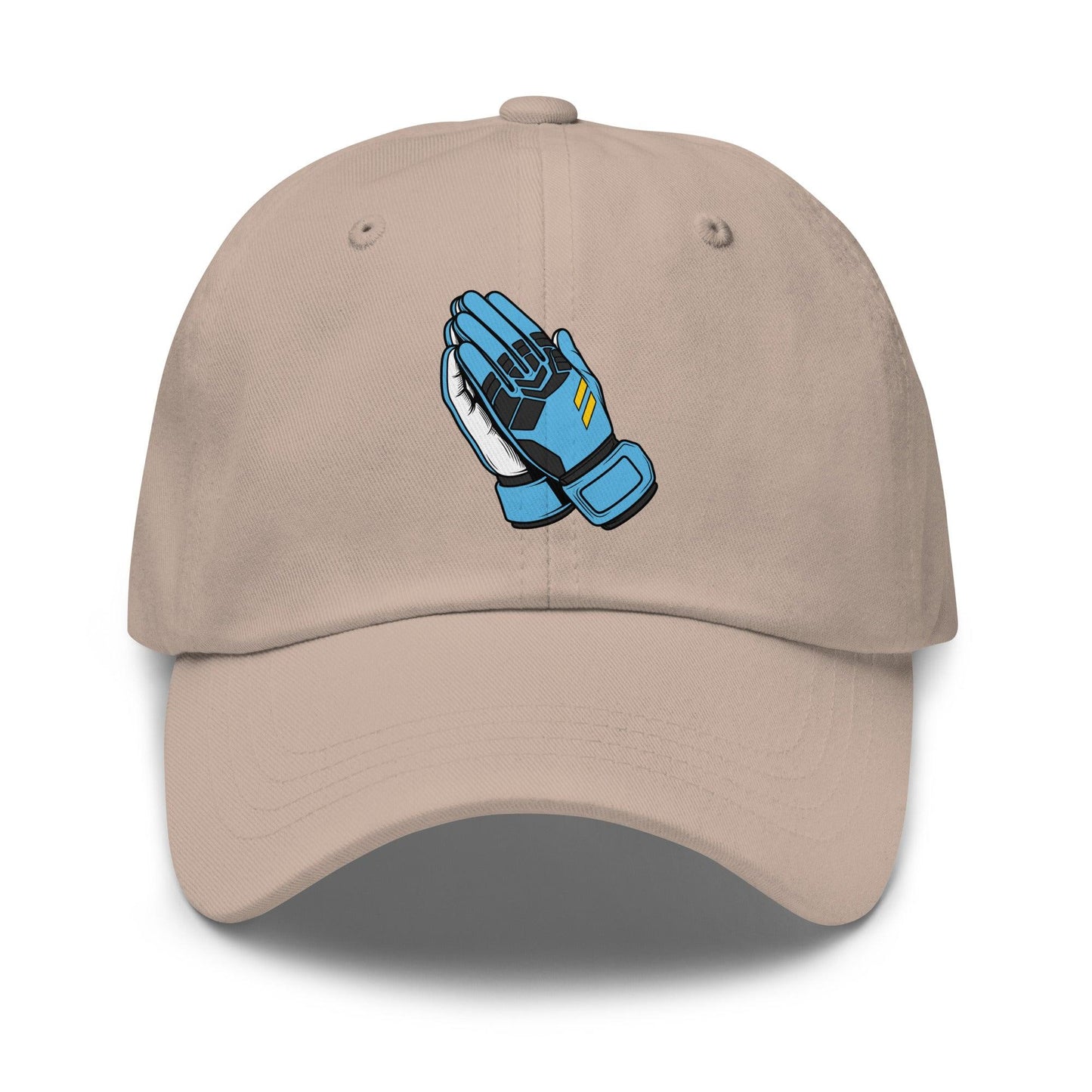 Beige soccer hat with blue and black goalie glove design on a white background