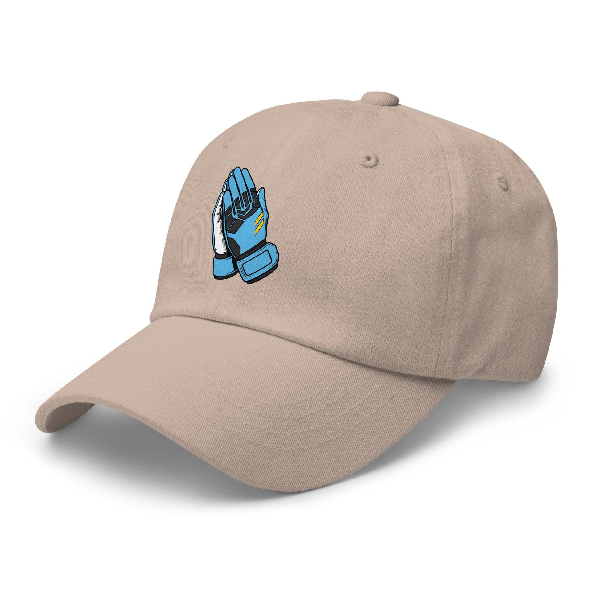 Beige soccer hat with a blue and white goalie glove logo on a white background