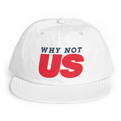White cap with 'WHY NOT US' text in red and black on a white background
