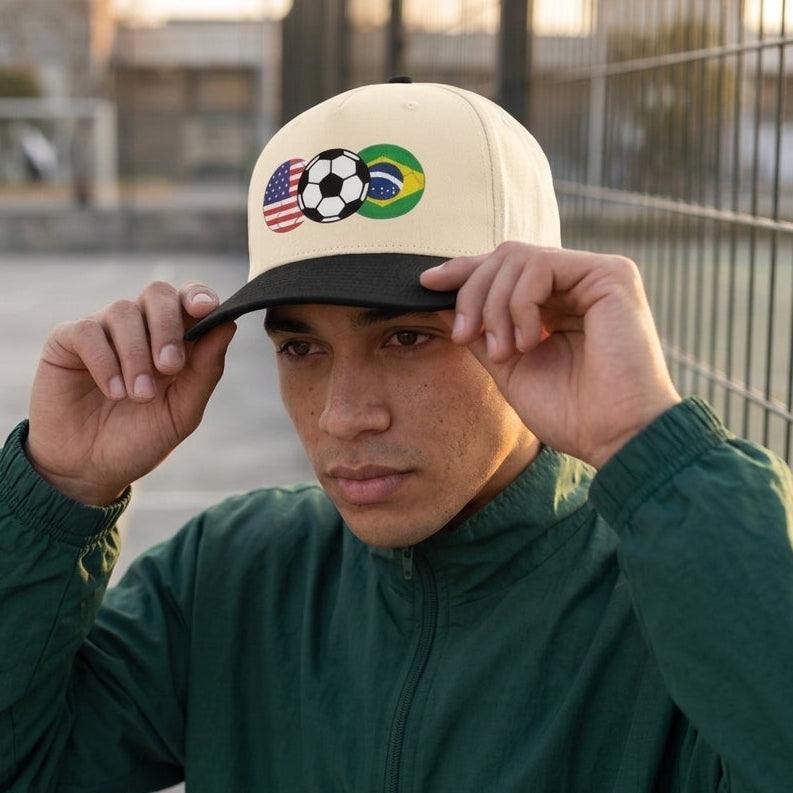 Person wearing a soccer with a soccer flag design outdoors