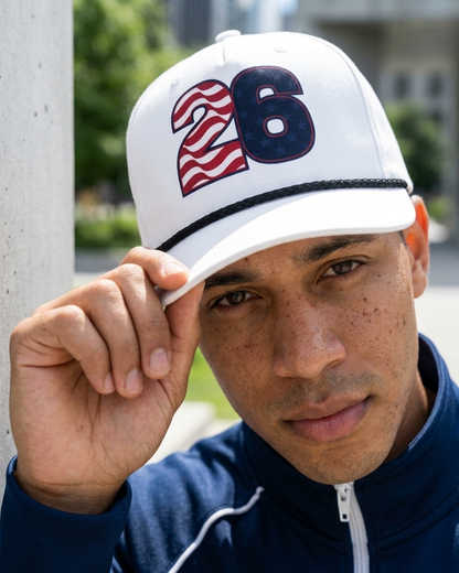 USA 26 soccer hat on a man in urban setting