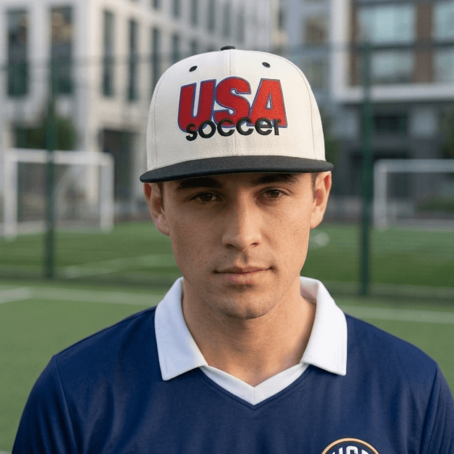 Man wearing a 'USA Soccer' cap on a sports field with blurred background