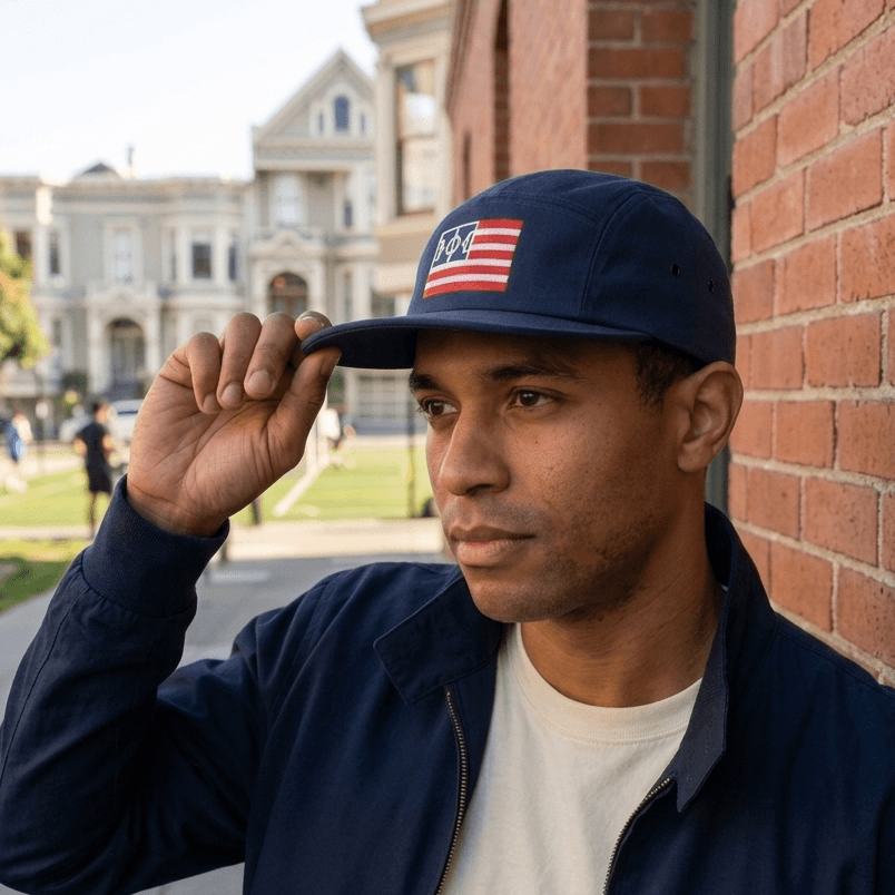 man wearing USA flag soccer hat in urban area.