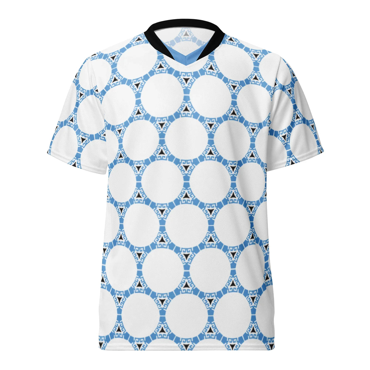 White t-shirt with blue geometric pattern on a white background