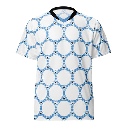 White t-shirt with blue geometric pattern on a white background