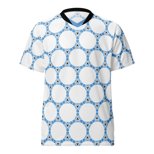 White t-shirt with blue geometric pattern on a white background