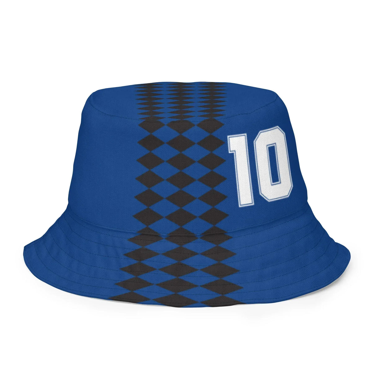 Blue bucket hat with black diamond pattern and white number 10 on a white background