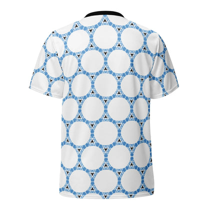 White t-shirt with blue geometric pattern on a white background
