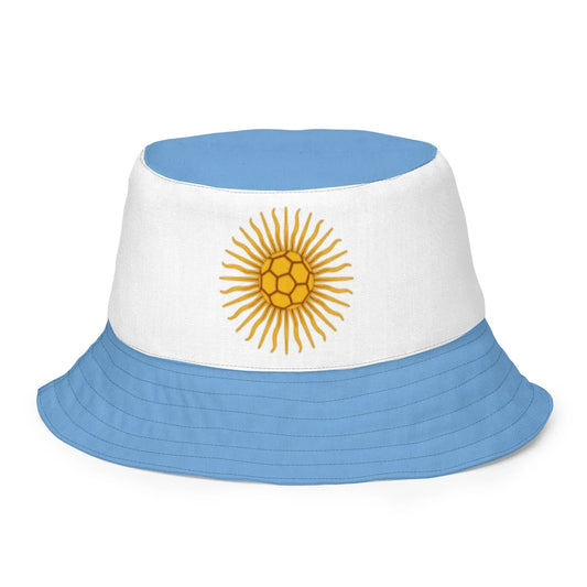 Bucket hat with a design resembling the Argentine flag on a white background