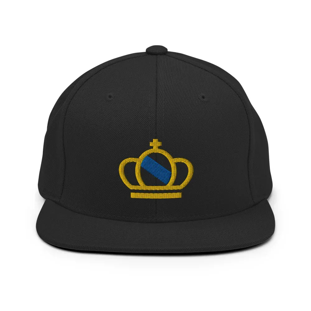 Black cap with a gold crown emblem on a white background