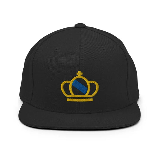 Black cap with a gold crown emblem on a white background