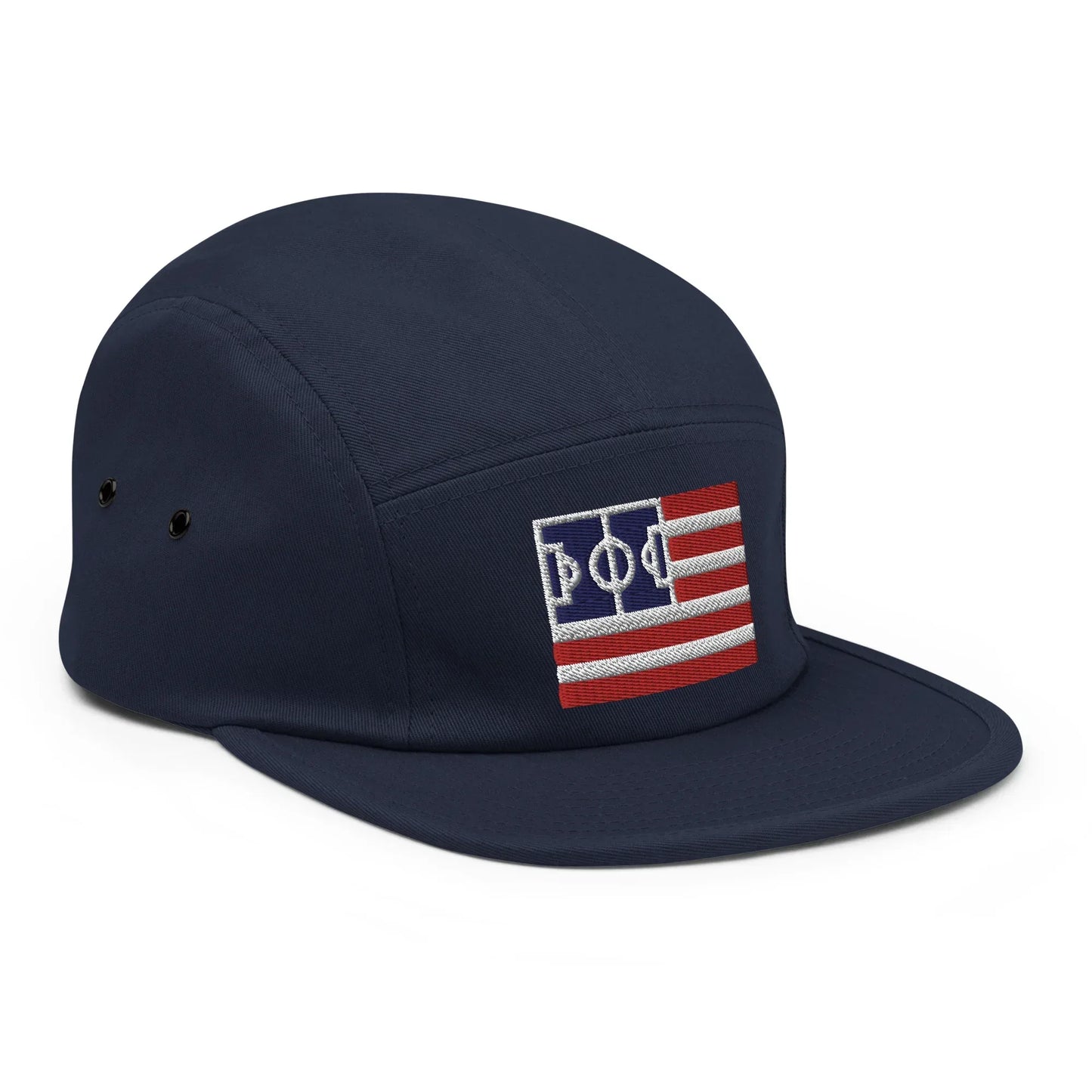 Navy cap with a US soccer flag logo on a white background